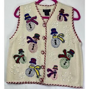 Vintage Eagle's Eye Women XL Cream Snowman Embroidered Button Up Christmas Vest